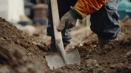 Laborer digging a trench for plumbing pipes at a construction site. Featuring strength and precision
