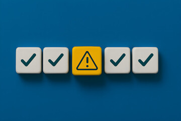 Obraz premium Conceptual Image of Risk and Approval Featuring White Cubes with Checkmarks and Central Yellow Warning Cube, Representing Decision-Making, Quality Control, and Risk Awareness in a Business Environment