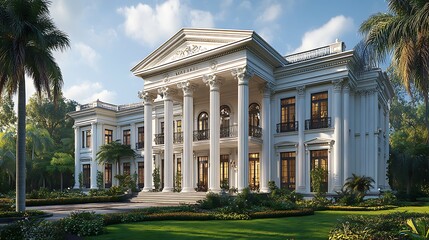 Obraz premium Luxurious White Mansion Photo With Greek Columns And Lush Tropical Landscape