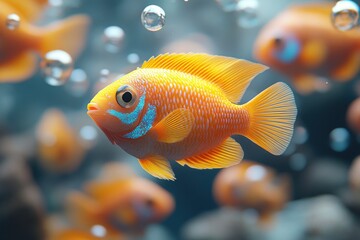 Obraz premium modern aquarium design with colorful fish and floating bubbles, 3D render, transparent water