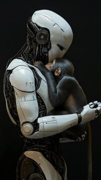 Advanced AI humanoid robot interacting with a chimpanzee, exchanging a symbolic gesture, representing artificial intelligence, evolution, and the connection between technology and nature in a dark fut