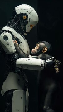 Advanced AI humanoid robot interacting with a chimpanzee, exchanging a symbolic gesture, representing artificial intelligence, evolution, and the connection between technology and nature in a dark fut