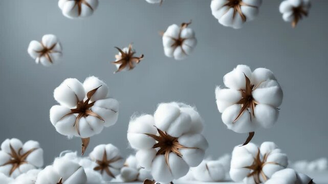 Cotton flowers soaring against a light gray background, showcasing delicate beauty. Organic fiber, farming, cotton seeds, and raw materials for textiles.