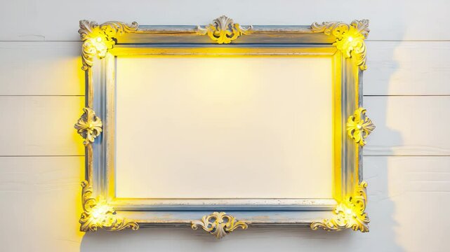 Classic Blue Silver Antique Vintage Rectangular Ornate Mockup Canvas Frame on White Background with Blank and Various Molding Baguette. Design Element for Artwork or Videographs.