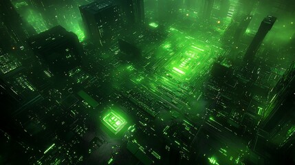 Naklejka premium Green circuit cityscape at night