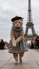 Fototapeta premium A poised ginger tabby cat, confidently stands in a charming outfit featuring a black beret, a striped dress with a buttoned top, and a matching scarf, against the lively scene.