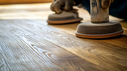 Carpenter sanding a wooden surface for smooth finishing. Featuring woodworking skills and attention to detail
