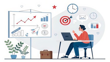 Professional working on advertising campaign strategy with icons for engagement, metrics, and conversion