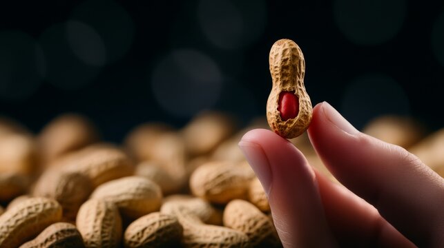 Close up of a hand holding a raw peanut
