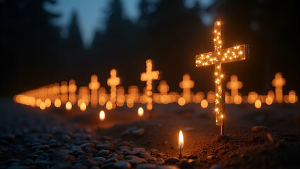 Dignified Memorial Day Crosses Installation: Inspirational Commemorative Setting with Masterful Lighting and Creative Design