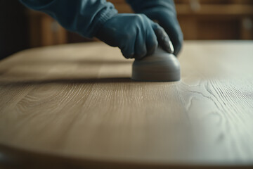 Carpenter sanding and finishing wooden cabinet. Featuring sanding technique and woodworking