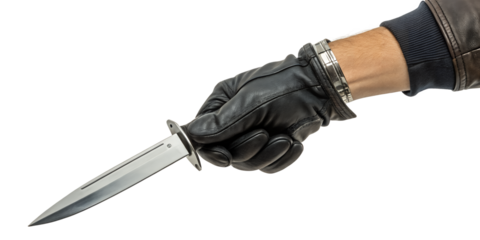 Hand Holding a Dagger: Close-up of a gloved hand holding a dagger against a clean background. The image is stark and dramatic, suggesting themes of danger and mystery.