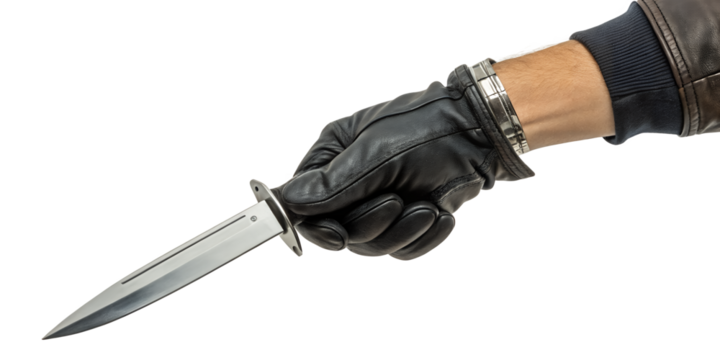 Hand Holding a Dagger: Close-up of a gloved hand holding a dagger against a clean background. The image is stark and dramatic, suggesting themes of danger and mystery.