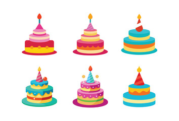 Colorful birthday cake set vector icon on white background. illustration design