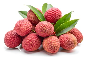 Fresh Lychees with Leaves on White Background