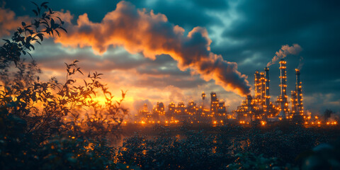 Fototapeta premium Dramatic sunset casting orange glow over industrial plant with smoke rising and lights illuminating the skyline at night