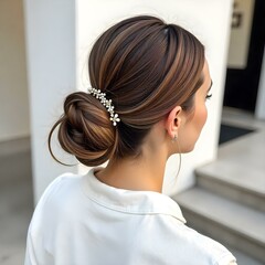 Elegant Simplicity: Woman with Hair Bun and White Shirt