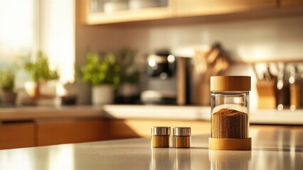 Elegant Glass and Bamboo Spice Jars on Kitchen Countertop