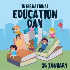 Happy Childrens Playing with Books Celebrating Education Day