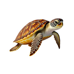 Detailed sea turtle swimming, top-down view, isolated on pure white