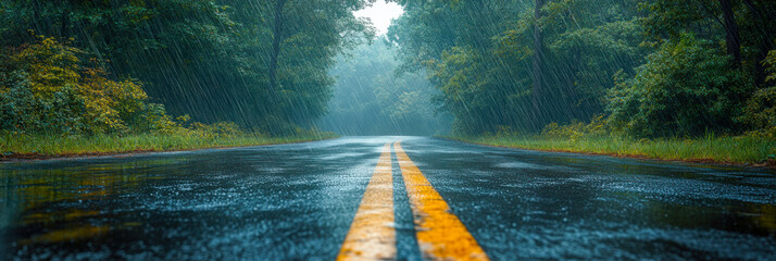 Rain falls steadily on an empty road surrounded by lush greenery and dense trees in a quiet, atmospheric setting