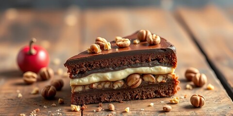 Layered chocolate hazelnut cake on wood, creamy filling, crunchy nuts,  culinary,  stilllife