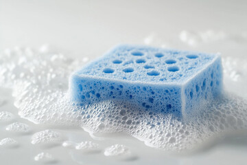 Blue cleaning sponge in soapy water bubbles cleaning supplies household chores
