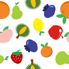 mixed fruit cartoon repeat seamless pattern design for fabric printing, replete image, print wrap or café backdrop, Durian, Peach, Pear, lemon, lime, orange, blueberry, strawberry