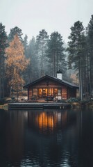 Fototapeta premium Cozy fishermans cabin by the lake nestled in misty pine trees. Generative AI