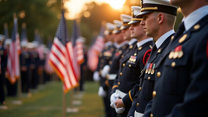 Capture solemn Memorial Day photography that documents dignified ceremonies reflective expressions and patriotic displays using professional high resolution imagery in a refined style in  Photo Stock 
