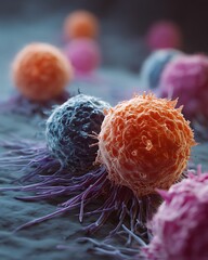 cancer cells multiplying rapidly under microscope, subtle color tones, high detail, clinical setting