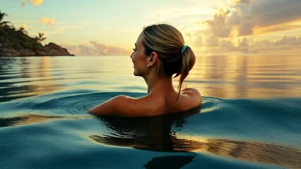 Woman immerses in ocean water enjoying golden sunset, promoting wellness and relaxation