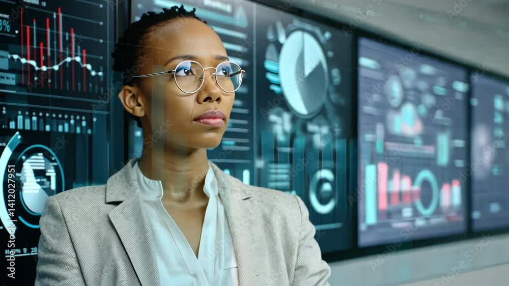 Poster data analysis & strategy: a focused and analytical female expert stands confidently before an array 