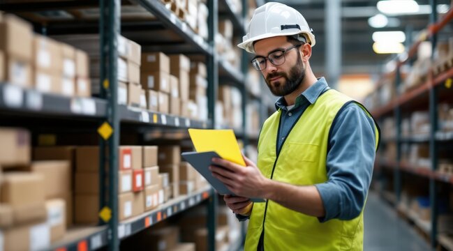 Inventory management with real-time tracking concept. A warehouse worker in a safety vest checks inventory on a tablet surrounded by shelves of boxes.