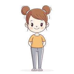 Fototapeta premium Cute cartoon girl with buns in hair vector illustration