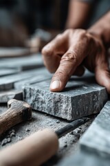 Close-up of a hand pointing at incomplete tiling, surrounded by construction tools - labor ceramics contractor architecture project