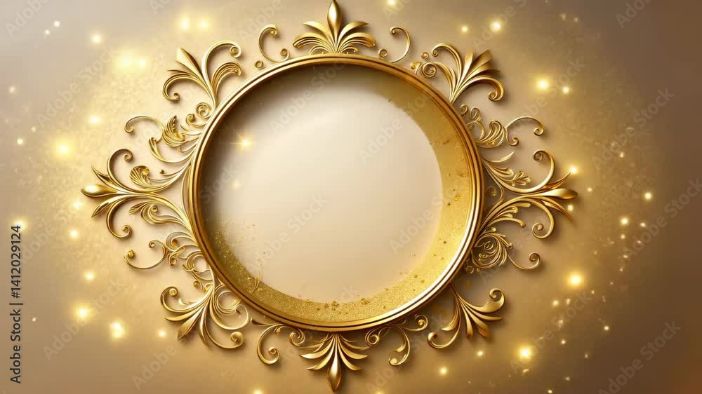 Aufkleber elegant golden circular frame with ornate floral design and sparkling particles on soft gold backgro