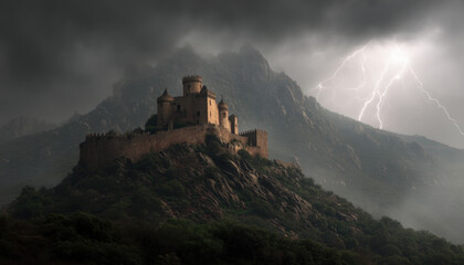 Obraz premium Beneath dark clouds, a medieval castle dominates the rocky landscape, illuminated by flashes of lightning against the backdrop of distant mountains
