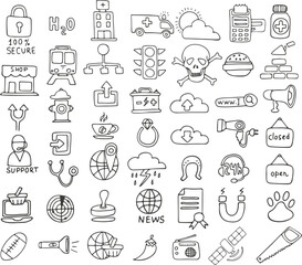 Simple sketch line style elements. Draw cute ink pen line elements isolated on white background. Icon set. Doodle style. Vector illustration.
