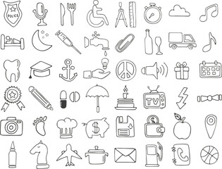 Simple sketch line style elements. Draw cute ink pen line elements isolated on white background. Icon set. Doodle style. Vector illustration.
