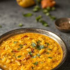 A delicious and creamy bowl of Indian Dal Makhani is garnished with fresh cilantro and served in an antique metallic bowl.