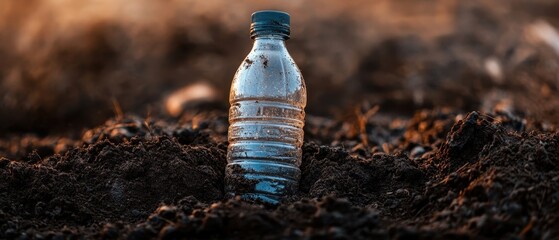A plastic bottle emerges from dirt, symbolizing environmental pollution and waste management challenges.