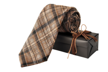 Elegant brown plaid tie resting atop a neatly wrapped gift box with rustic twine isolated on transparent background