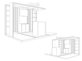 3d illustration stand booth 3x4 m simple minimalis design with blank LED TV screen logo company for event exhibition. Vector editable sketch outline drawing coloring isolated background.