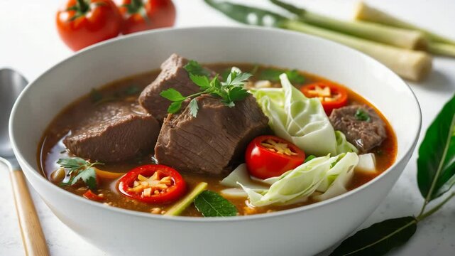 Beef Tongseng without coconut milk is a flavorful soupy dish featuring spicy beef stew, vegetables, and sweet soy sauce. Presented in a white bowl. Close Up.