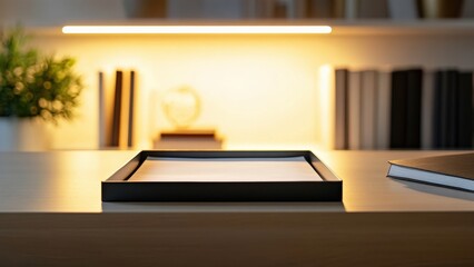 Minimalistic Workspace with Black Tray and Bookshelf Background