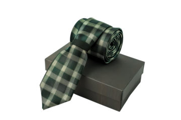 Elegant green plaid tie neatly rolled and presented in a stylish gift box on a white background isolated on transparent background