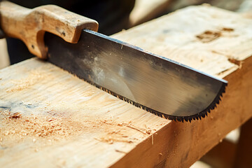 Carpenter using a saw to cut wood at a workbench. Featuring woodworking techniques and focus