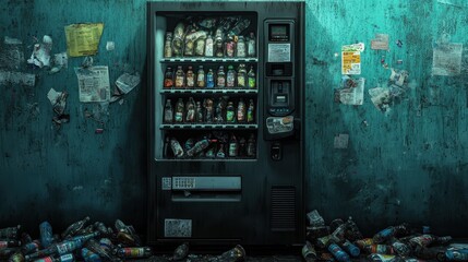Vending machine surrounded by litter in a gritty, urban setting with a distressed wall, showcasing waste and neglect.