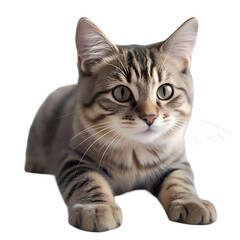 Fototapeta premium Detailed tabby cat stretching playfully, isolated on white background